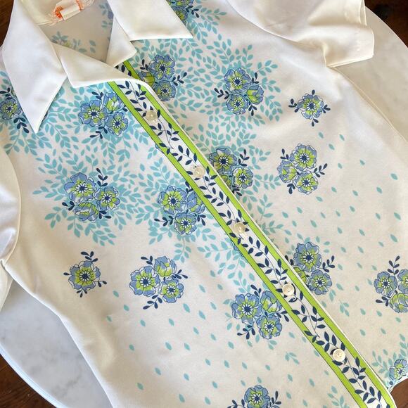 Vintage 70s Floral Button Up Knit Polyester Short Sleeve Collared Blouse / L XL - Picture 6 of 8